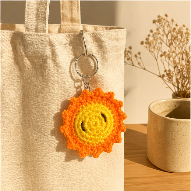 Handmade Crochet Smiley Sun Keychain
