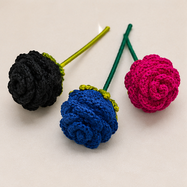 Handmade Crochet Rose Flower Bouquet (Set of 3) – Knitted Artificial Roses for Gift, Home Decor & Valentine's Day
